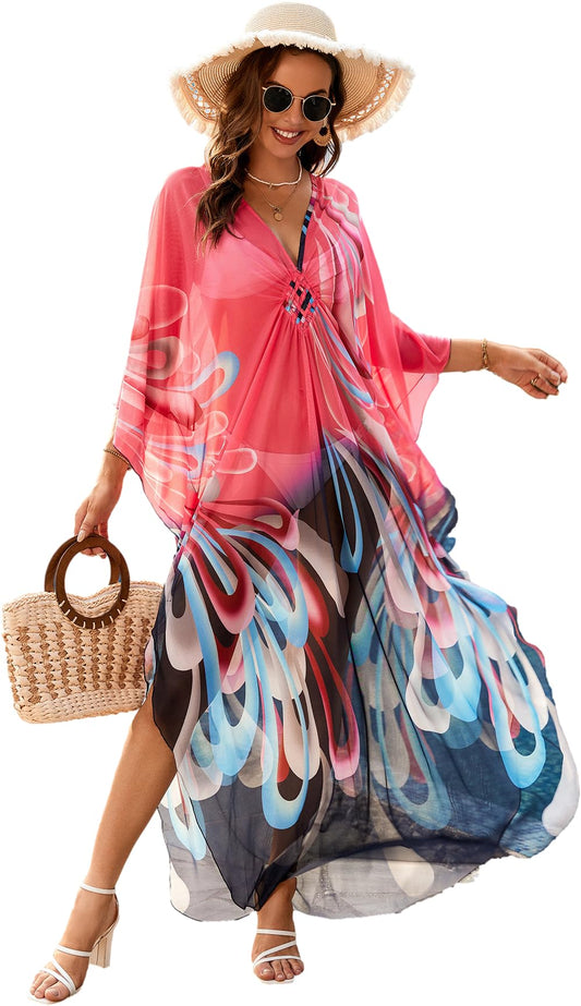 Bathing Suit Cover up Kaftan Women's Elastic mesh Sheer Turkish Caftan Silk Wrinkle Ethnic Print Kaftans Floral Print Over Sized Caftans Lounge wear 8749-9